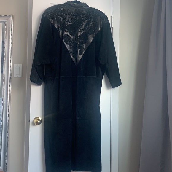 Vintage Black Suede and Leather Full Length Coat Leather Ribbon Detail - Picture 2 of 14